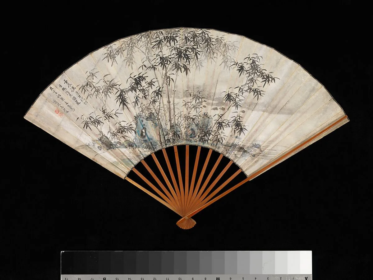 墨竹扇面図|Bamboo and Rocks by a Stream — Takaku Aigai