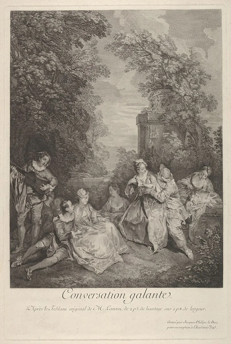 'Gallant conversation' (Conversation galante): couples engage in conversation in a garden setting, at left a musician plays for the group, at right a woman holds a reclining lap dog — Jacques Philippe Le Bas|Nicolas Lancret