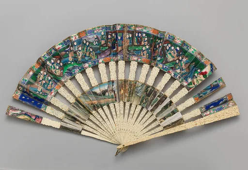 Folding Cabriolet Fan with Scene of Figures in a Courtyard Garden
