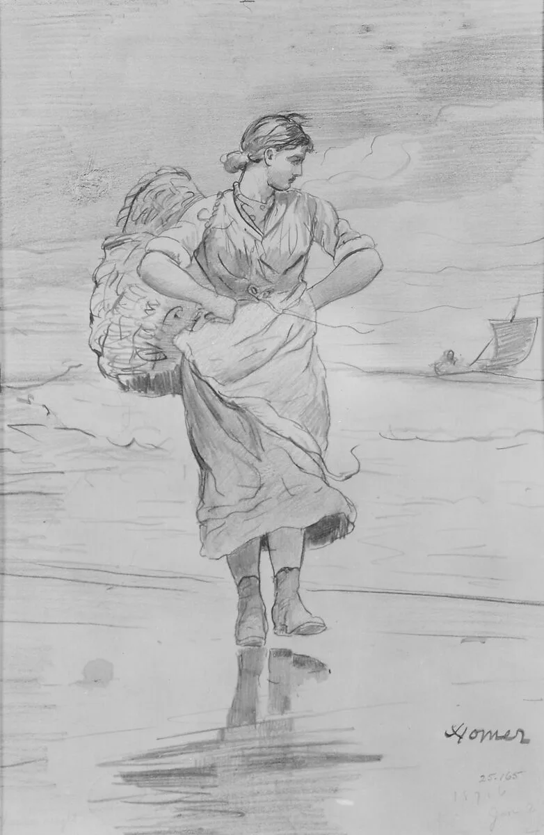 A Fisher Girl on Beach (Sketch for Illustration of "The Incoming Tide") — Winslow Homer