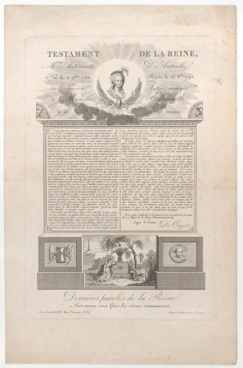 The testament and last words of Marie Antoinette — Anonymous|Basset|Marie Antoinette, Queen of France