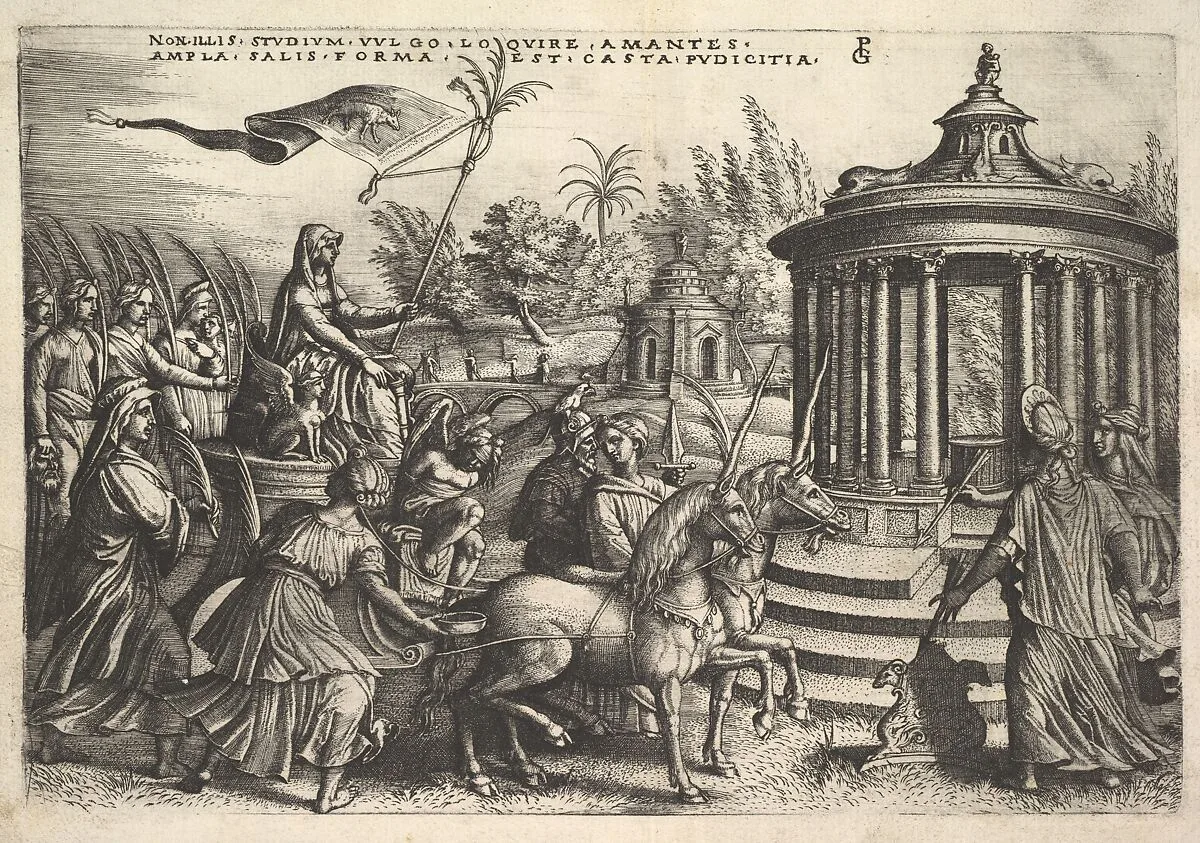 Triumph of Chastity: unicorns draw a carriage bearing a female figure seated next to a sphinx and holding a standard, Vestal virgins walk behind the carriage, round temple of Vesta at right, from the series 'The Triumphs of Petrarch' — Georg Pencz