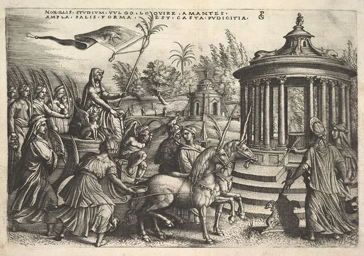 Triumph of Chastity: unicorns draw a carriage bearing a female figure seated next to a sphinx and holding a standard, Vestal virgins walk behind the carriage, round temple of Vesta at right, from the series 'The Triumphs of Petrarch'