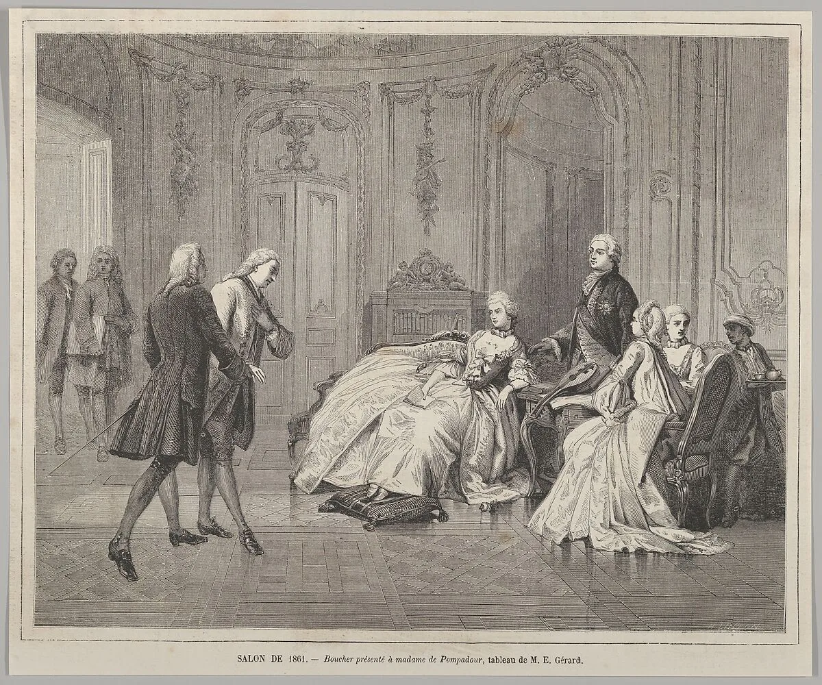 Boucher présenté à Madame de Pompadour (Boucher presented to Madame de Pompadour), from "Le Monde Illustré" — Madame de Pompadour|François Boucher|Henry Linton|Edouard Gérard