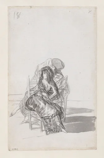 Maja seated on a chair and two companions behind; folio 18 (verso) from the Madrid Album 'B'