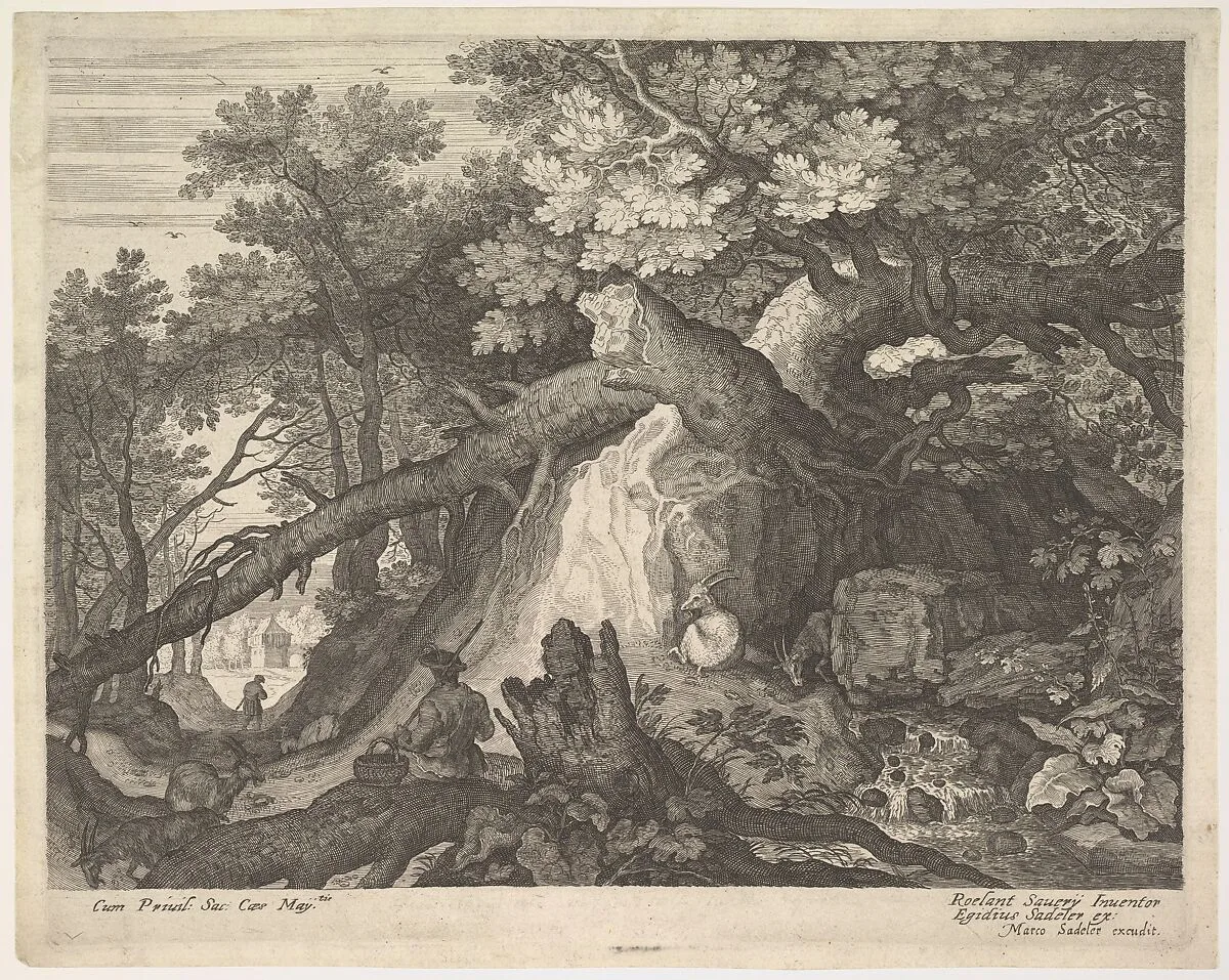 A man holding a staff and seated on a tree trunk; with two goats to either side; surrounded by downed trees, foliage, and a stream; from a series of six landscapes after Roelandt Savery — Aegidius Sadeler II|Marcus Sadeler|Roelandt Savery