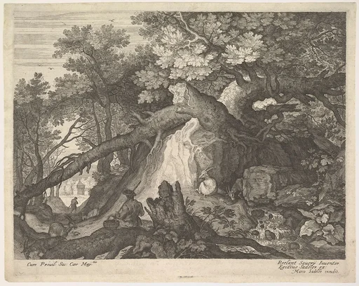 A man holding a staff and seated on a tree trunk; with two goats to either side; surrounded by downed trees, foliage, and a stream; from a series of six landscapes after Roelandt Savery