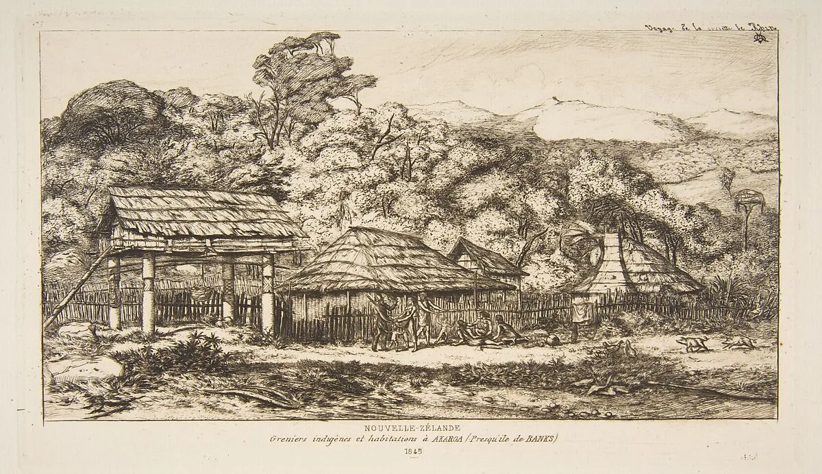 Native Barns and Huts at Akaroa, Banks Peninsula, 1845 — Charles Meryon