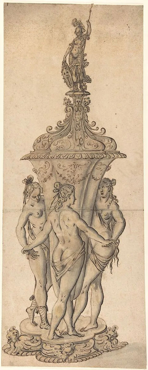 Design for a Goblet with the Three Graces — Anonymous, German, 17th century