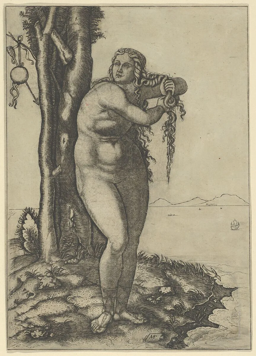 Venus wringing the water from her hair, standing at the water's edge — Giacomo Francia|Marcantonio Raimondi