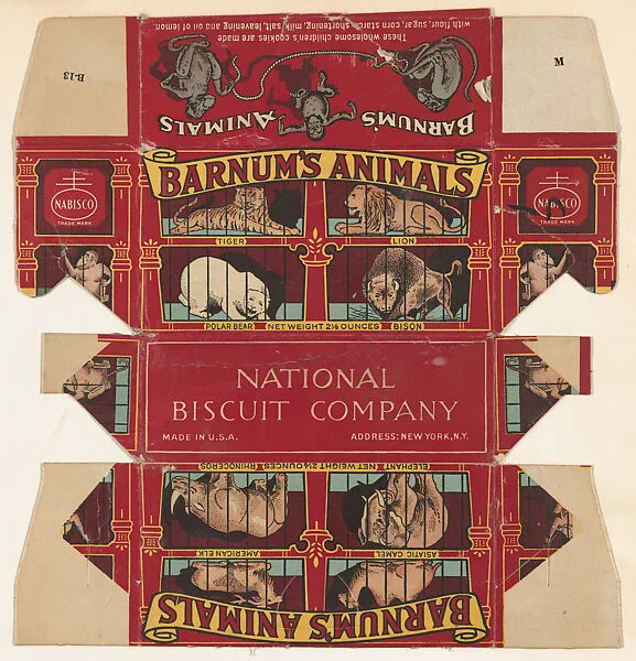 Barnum's Animals Crackers packaging featuring images of Tiger, Lion, Polar Bear, Bison, Rhinoceros, Elephant, American Elk, Asiatic Camel; part of the Barnums Animals series (D14), issued by the National Biscuit Company to promote their product, Barnum's Animals Crackers — National Biscuit Company