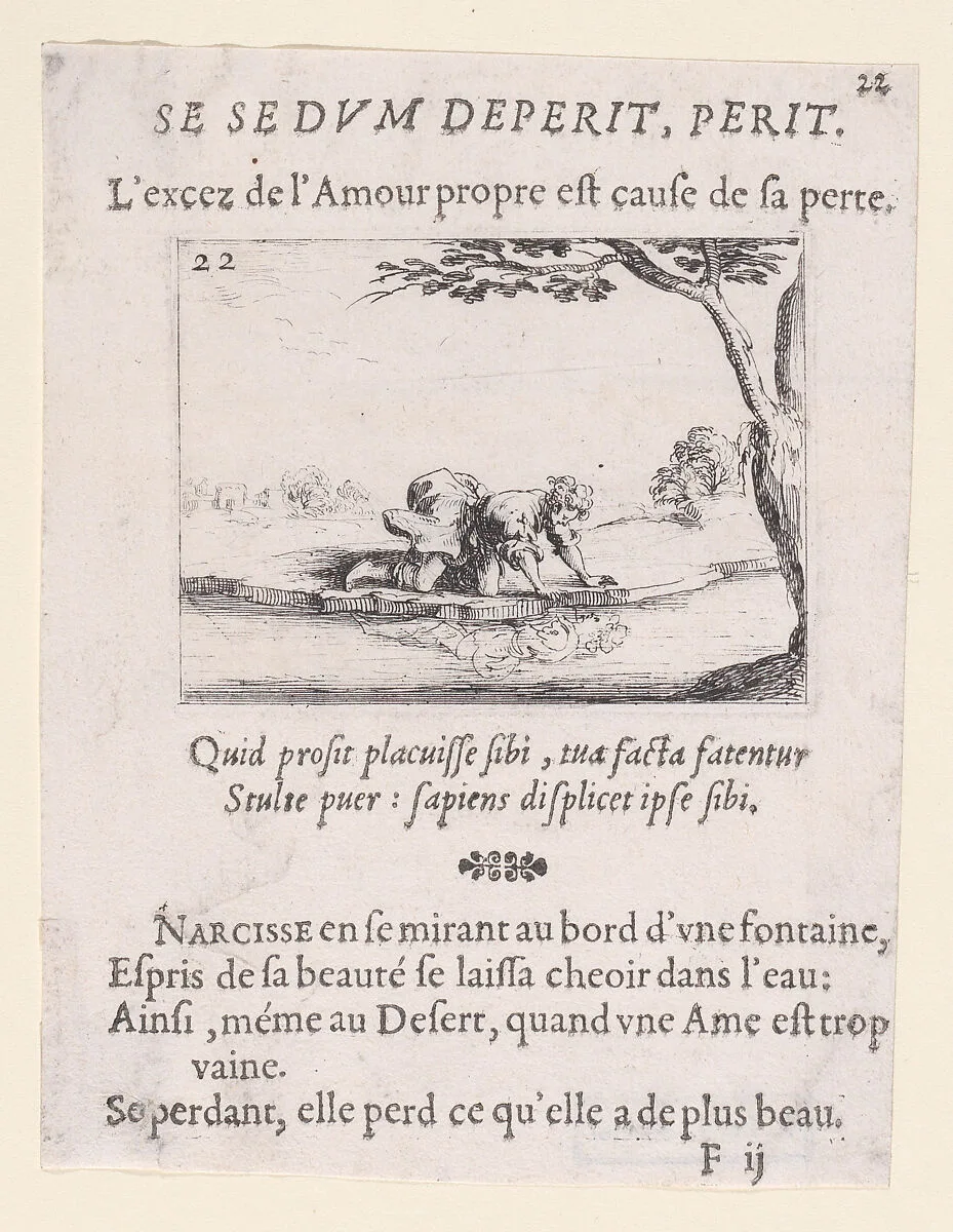Narcisse se Mirant dans l'Eau (Narcissus Looking at Himself in the Water), from Lux Claustri ou La Lumière du Cloitre (The Light of the Cloisters), plate 22 — Jacques Callot|François Langlois