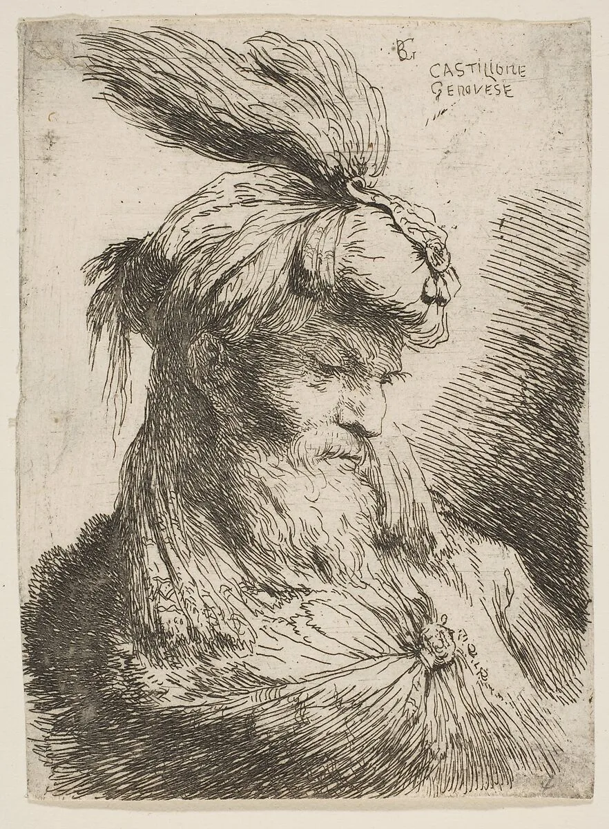 Head of a bearded man with a turban facing right, from "Small Heads in Oriental Headdress" — Giovanni Benedetto Castiglione (Il Grechetto)