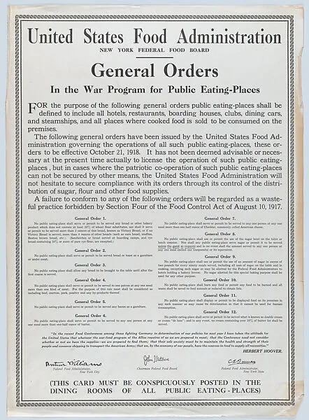 United States Food Administration, General Orders — United States Food Administration