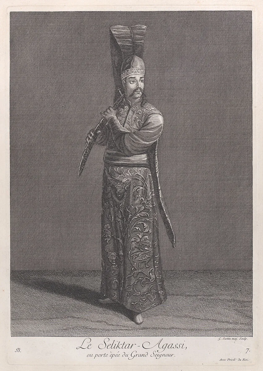 Le Seliktar-Agassi, ou porte èpée du Grand Seigneur, plate 7 from "Recueil de cent estampes représentent differentes nations du Levant" — Gérard Jean Baptiste Scotin I|Jacques le Hay|Jean Baptiste Vanmour