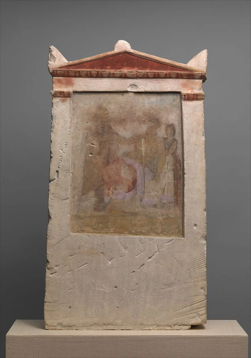 Painted limestone funerary stele with a woman in childbirth — Unknown
