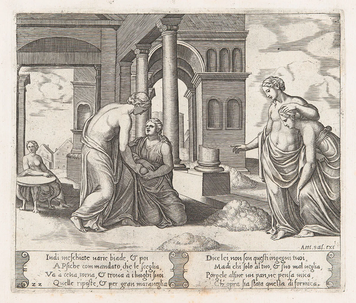 Plate 22: Venus standing at right ordering Psyche to sort a pile of grain, at left the same pair hold a loaf of bread, from "The Story of Cupid and Psyche as told by Apuleius" — Antonio Salamanca|Master of the Die|Michiel Coxie (I)