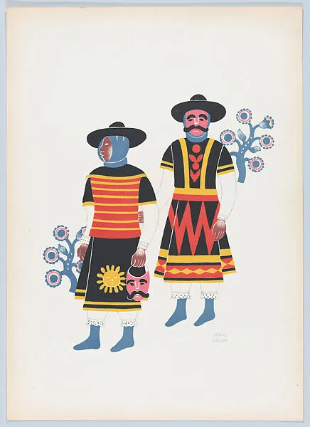 Two men from Huixquilucan at the fiesta of the Huehuenches, from the portfolio 'Carnival in Mexico' — Talleres Gráficos de la Nación, Mexico, D.F.|Carlos Mérida