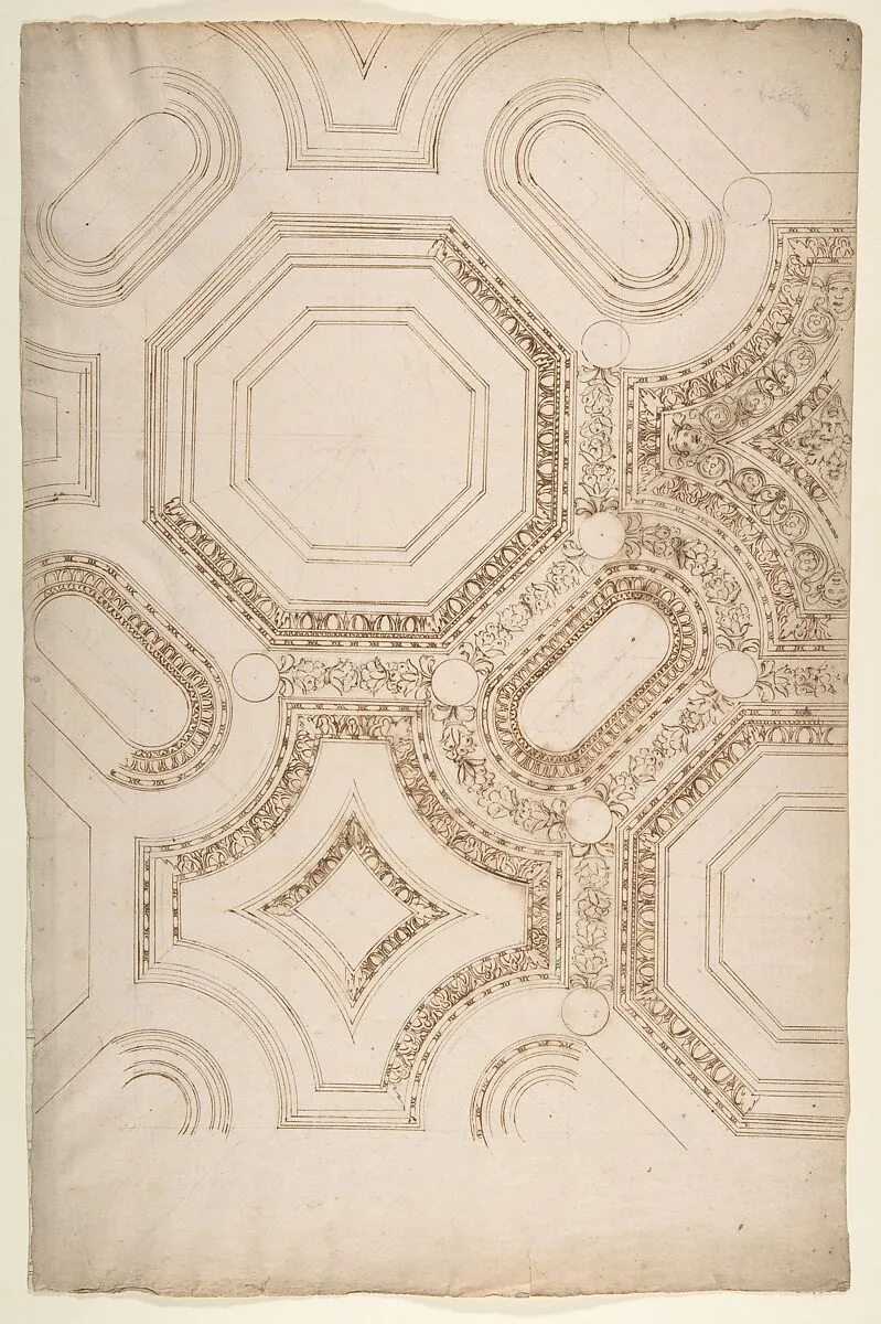 Palazzo Pontifici, Sala Regia, coffer panels, reflected ceiling plan (recto) blank (verso) — Anonymous, French, 16th century