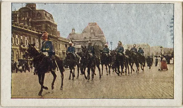 Card No. 21, French Dragoons Off to the Front, from the World War I Scenes series (T121) issued by Sweet Caporal Cigarettes — American Tobacco Company|Underwood & Underwood