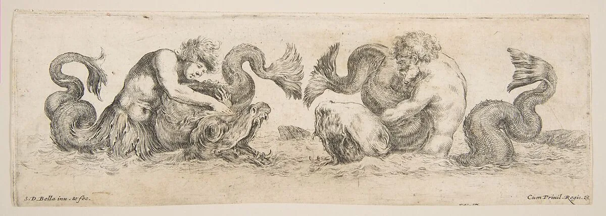 Frieze with Tritons and Dolphins, plate 13 from "Decorative friezes and foliage" (Ornamenti di fregi e fogliami) — Stefano della Bella