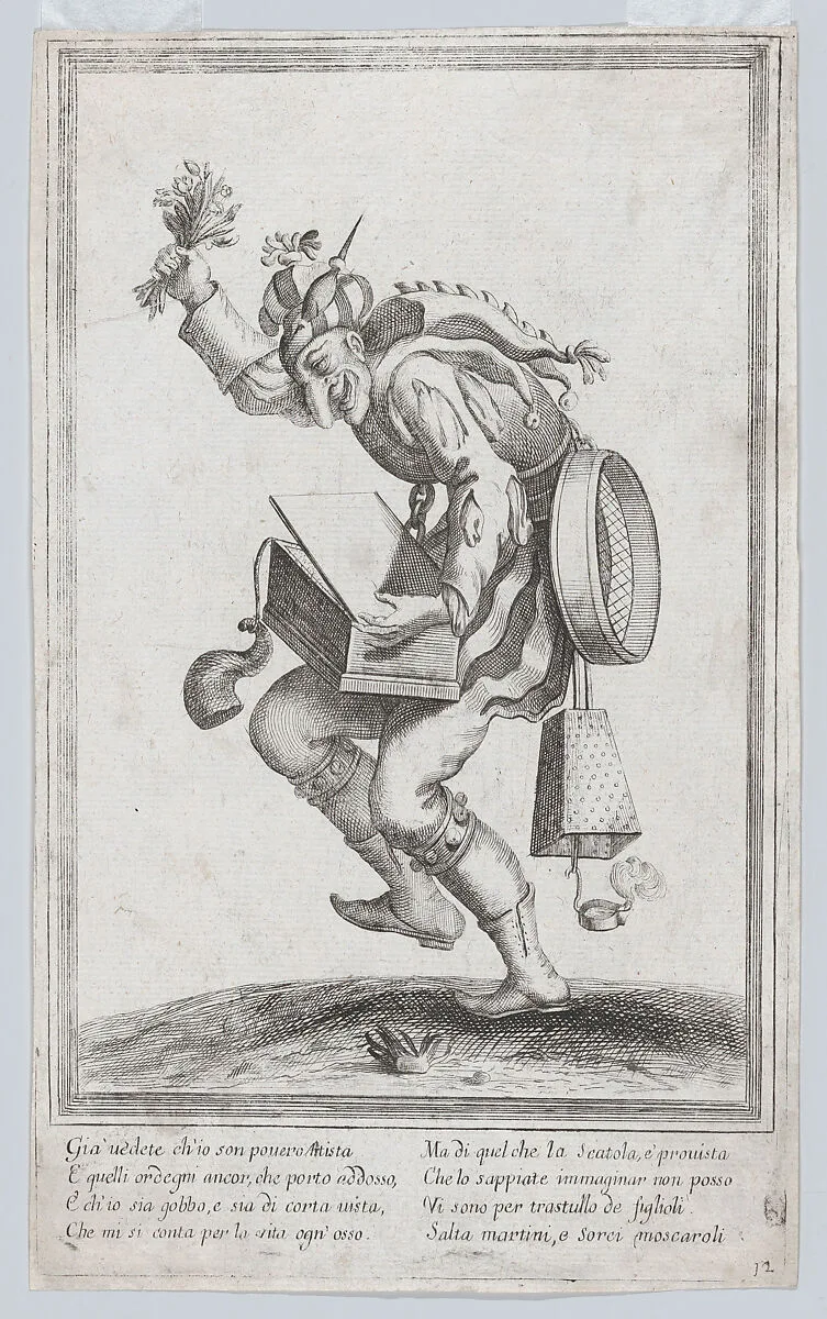 A caricature figure representing a poor itinerant artist loaded with various implements relating to his trade — Anonymous, Italian, 17th century