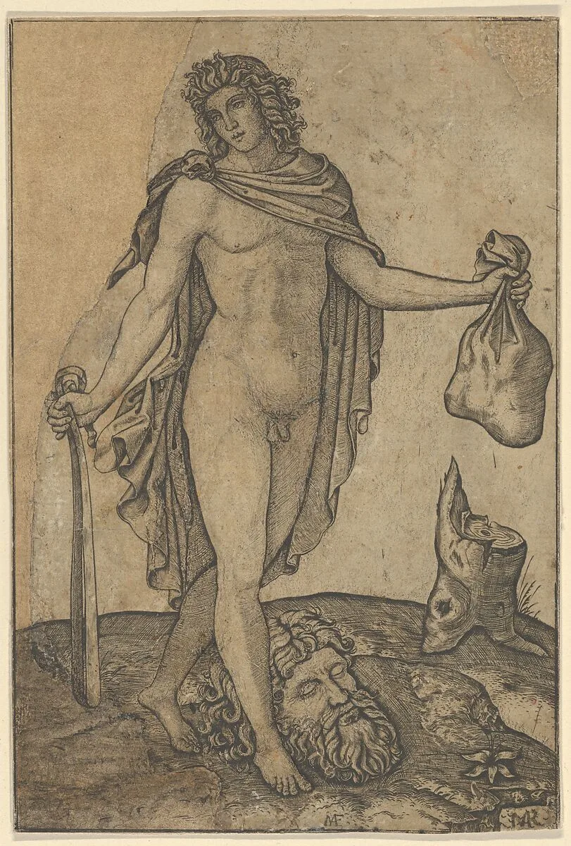 David standing, sword in lowered right hand, sack in the left, the head of Goliath on the ground beneath him — Marcantonio Raimondi|Francesco Francia
