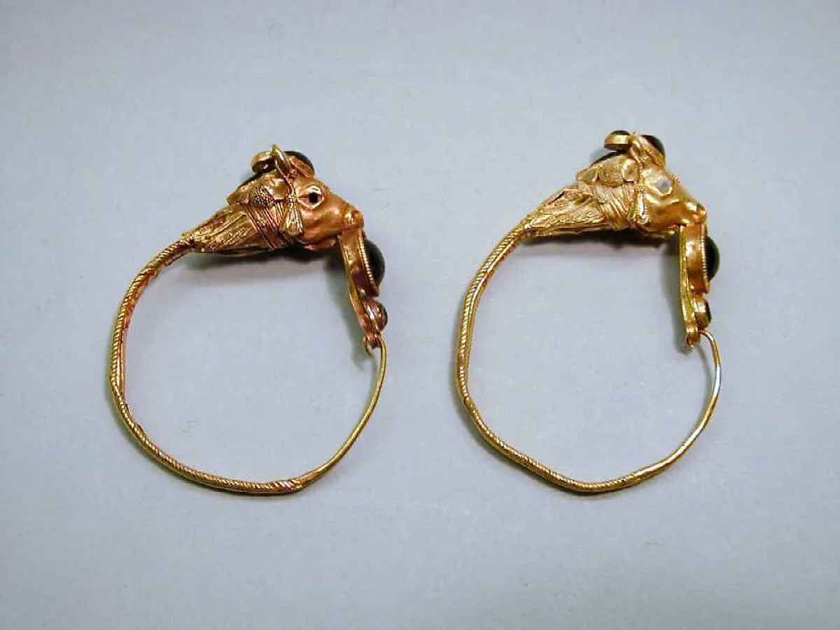 Pair of gold, garnet, enamel, and glass earrings — Unknown