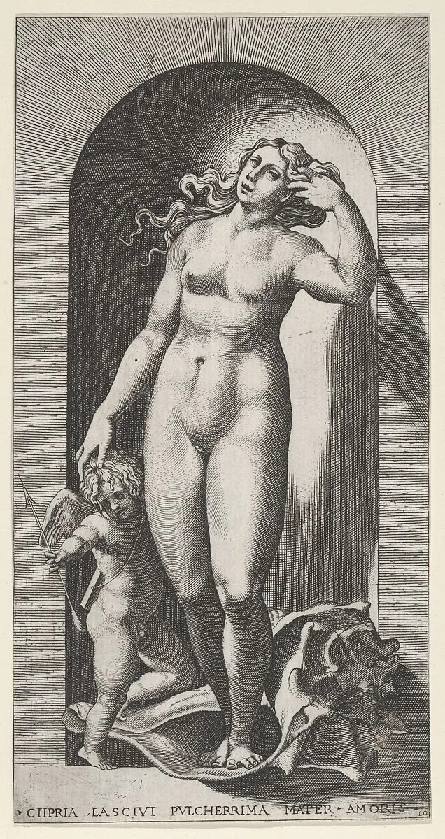 Plate 10: Venus in a niche, standing on a conch shell, with Cupid to her right, from "Mythological Gods and Goddesses" — Giovanni Jacopo Caraglio|Rosso Fiorentino