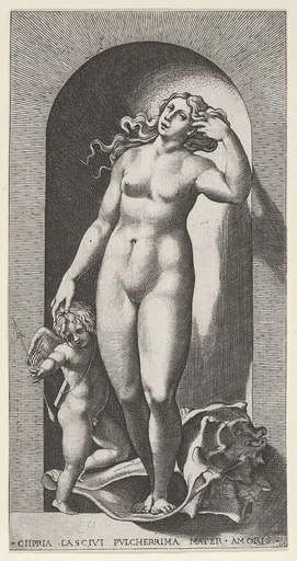 Plate 10: Venus in a niche, standing on a conch shell, with Cupid to her right, from "Mythological Gods and Goddesses"