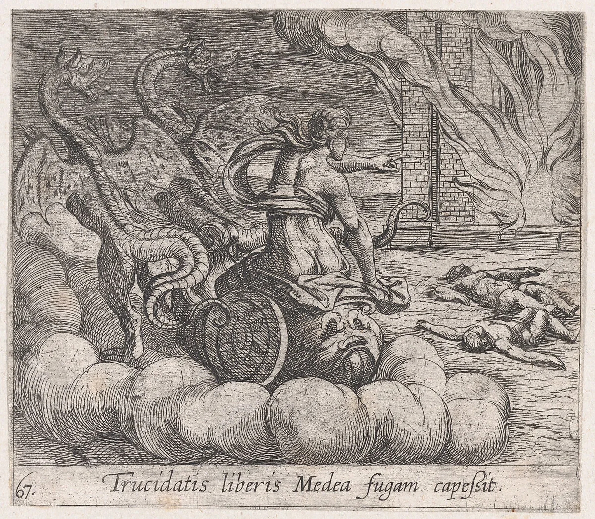Plate 67: Medea Destroying Jason's Family and Home (Trucidatis liberis Medea fugam capeßit), from Ovid's 'Metamorphoses' — Antonio Tempesta