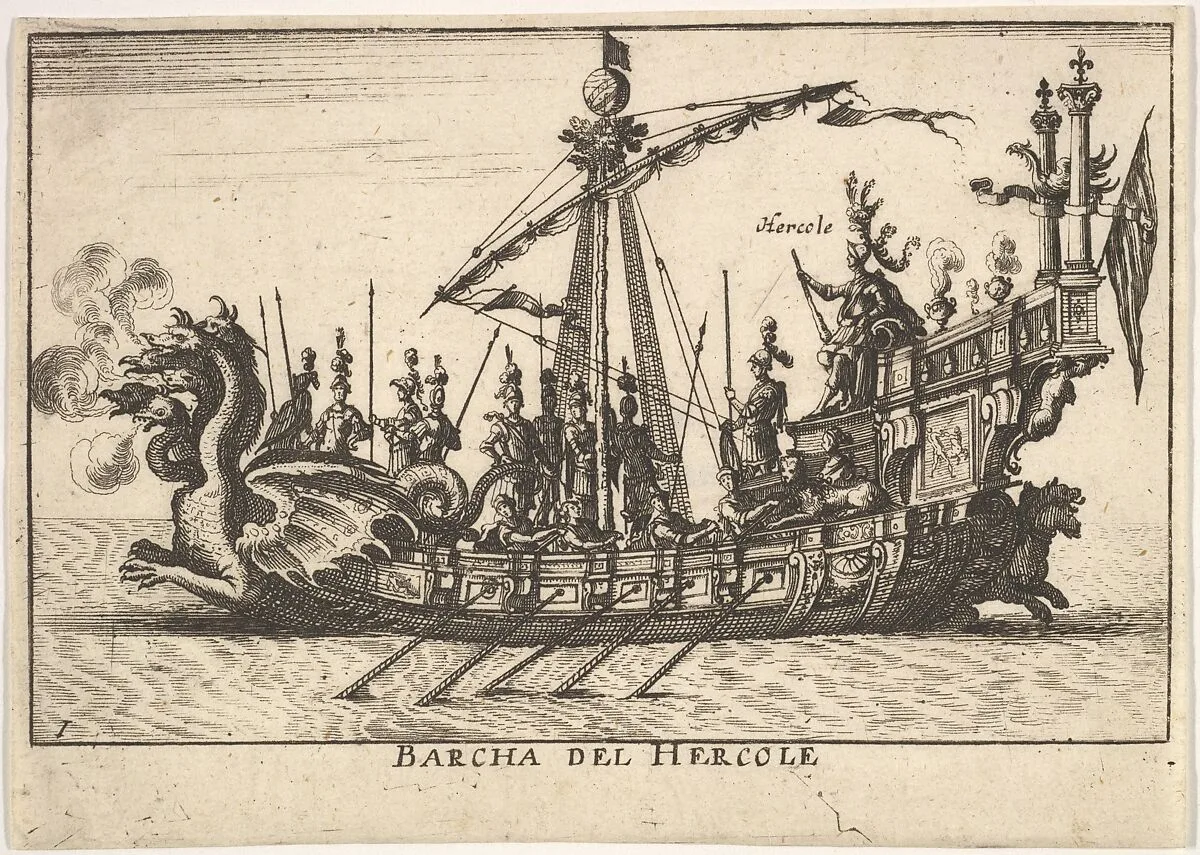 Plate 1: Ship of Hercules (Barcha del Hercole), with dragon-headed prow and Hercules on platform behind oarsmen and standing soldiers, from the series 'The magnificent pageant on the river Arno in Florence for the marriage of the Grand Duke' (Le Magnifique carousel fait sur le fleuve de l'Arne a Florence, pour le mariage du Grand Duc), for the wedding celebration of Cosimo de' Medici in Florence, 1608 — Anonymous|Giulio Parigi|Remigio Cantagallina|Jean Sauvé