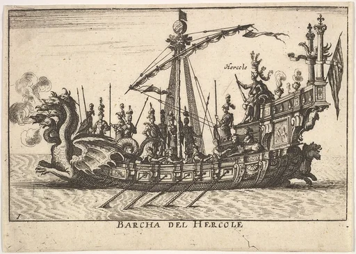 Plate 1: Ship of Hercules (Barcha del Hercole), with dragon-headed prow and Hercules on platform behind oarsmen and standing soldiers, from the series 'The magnificent pageant on the river Arno in Florence for the marriage of the Grand Duke' (Le Magnifique carousel fait sur le fleuve de l'Arne a Florence, pour le mariage du Grand Duc), for the wedding celebration of Cosimo de' Medici in Florence, 1608