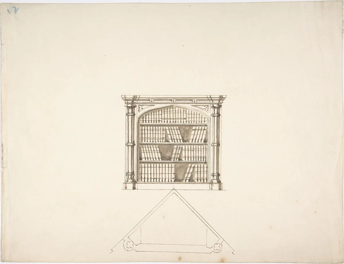 Design for a Gothic Style Corner Book Cabinet: Elevation and Plan — Anonymous, British, 19th century