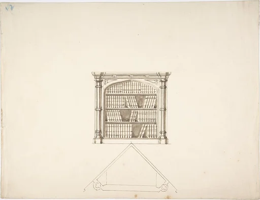 Design for a Gothic Style Corner Book Cabinet: Elevation and Plan