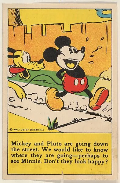 Mickey and Pluto walking down the street, bakery card from the Mickey Mouse series (D52), issued by Bamby Bread — Bamby Bread