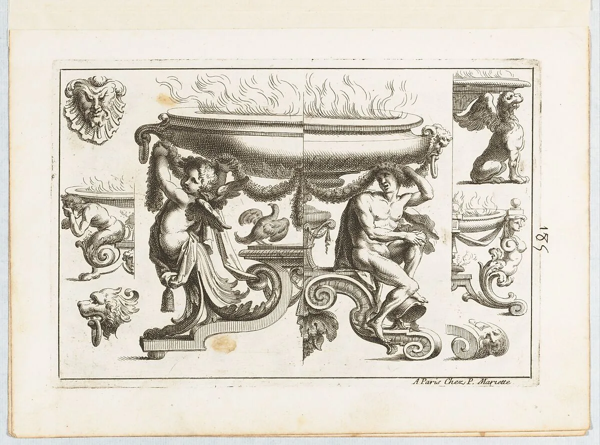 Desseins de Brasiers dont les Ornements peuuent Seruir aux Cuuettes, Tables, et autres Ouurages d'Orfeurerie, Plate 5 — Alexis Loir|Pierre Mariette le fils