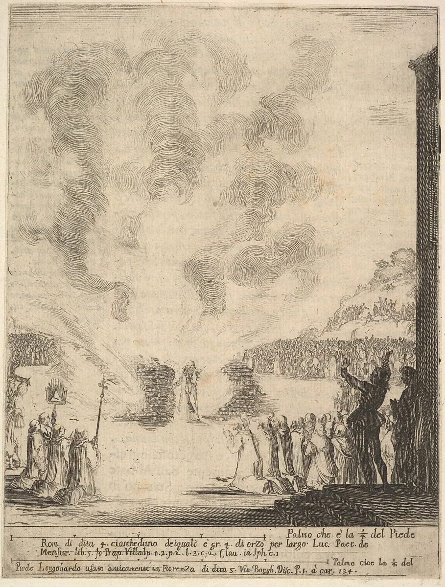 The test of fire, the monk Peter, the disciple Saint John Gualbert, passing through the flames from two pyres unharmed, various spectators to either side, from 'Frontispiece and four scenes from the life of Saint John Gualbert' (Frontispice et quatre vignettes pour une vie de Saint Jean Gualbert) — Stefano della Bella