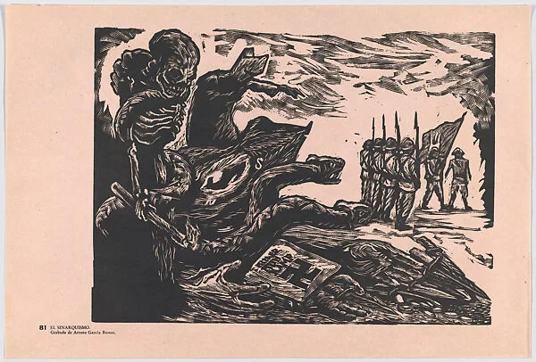 Plate 81: The synarchists, scene with soldiers relating to the National Synarchist Union, from the portfolio 'Estampas de la revolución Mexicana' (prints of the Mexican Revolution) — Taller de Gráfica Popular|Arturo García Bustos