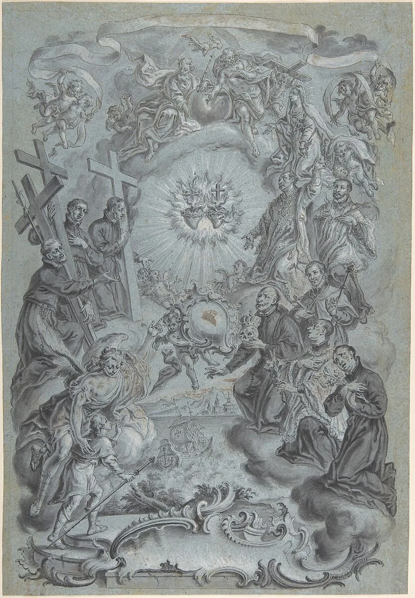 A Study for a Frontispiece: The Trinity and Saints surrounding the Sacred Hearts of Christ and the Virgin Mary, a Coastal Landscape Below — Vitus Felix Rigl