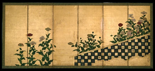 伝土佐光茂筆 芥子図屏風|Red and White Poppies