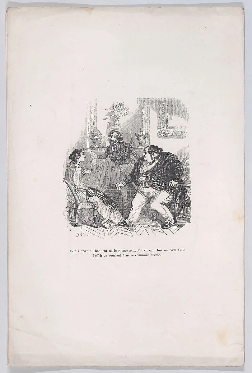 "I was deprived of the happiness to pick it up... I saw a hundred times an agile rival offer it smiling to our common goddess." from the Little Miseries of Human Life — J. J. Grandville|Auguste Barbant|Paul-Emile-Daurand Forgues|Henri Fournier