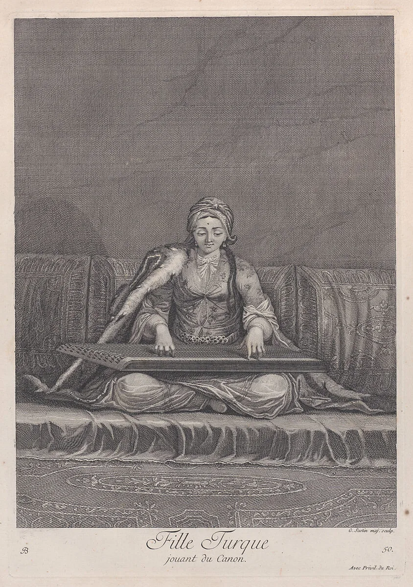 Fille Turque, jouant du Canon, plate 50 from "Recueil de cent estampes représentent differentes nations du Levant" — Jacques le Hay|Jean Baptiste Vanmour|Gérard Jean Baptiste Scotin I