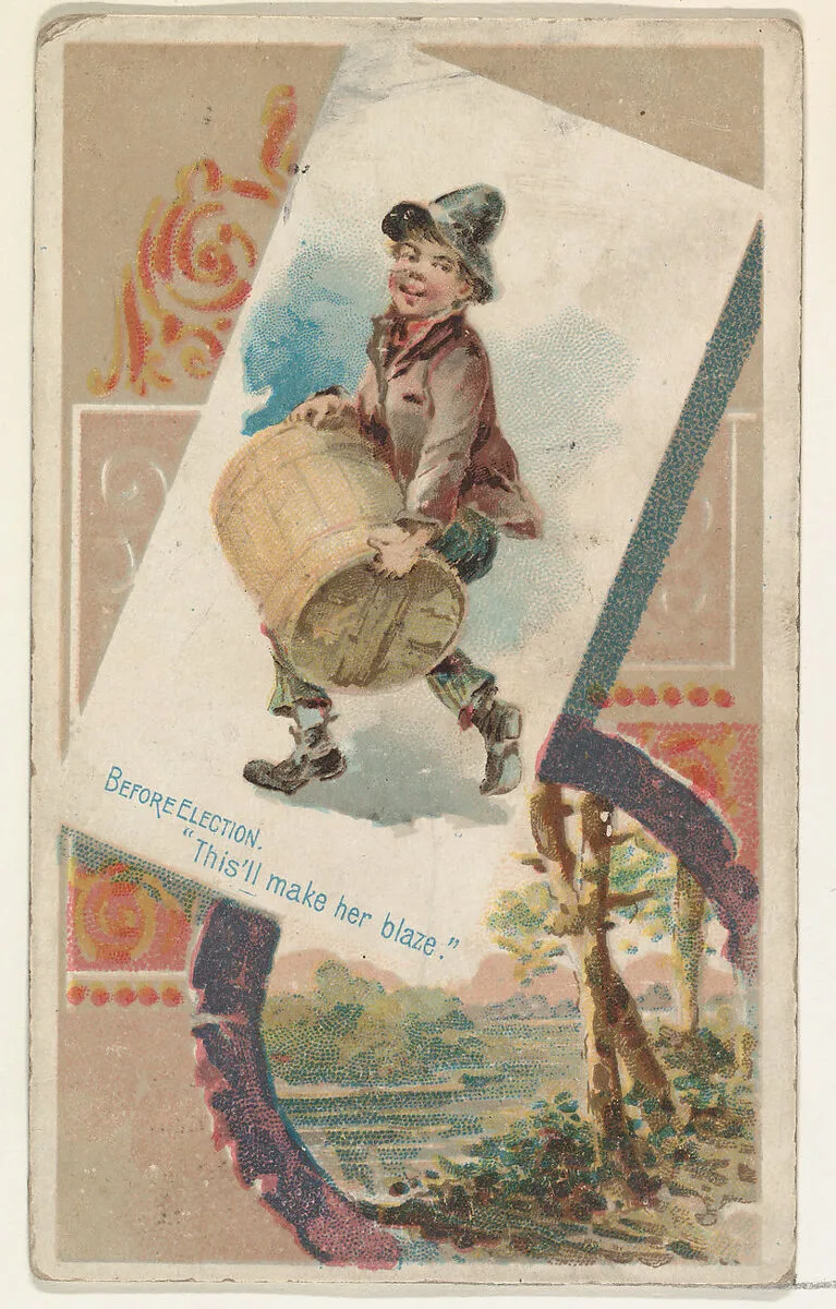 Before Election, "This'll make her blaze," from the Terrors of America set (N136) issued by Duke Sons & Co. to promote Honest Long Cut Tobacco — Knapp & Company|W. Duke, Sons & Co.