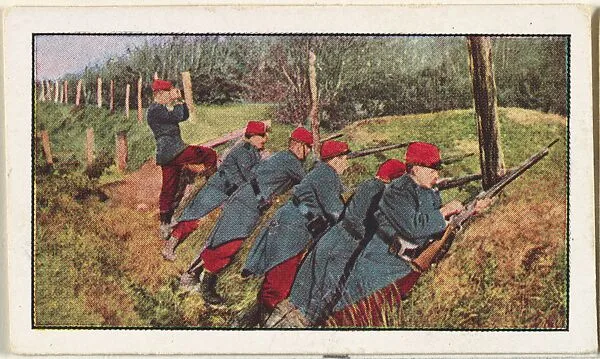 Card No. 203, French Soldiers in a Ready-Made Trench on the Road to Ypres, from the World War I Scenes series (T121) issued by Sweet Caporal Cigarettes — American Tobacco Company|Underwood & Underwood