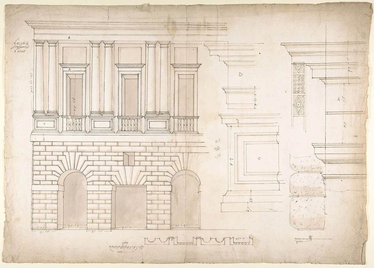 Palazzo Caffarrelli-Vidoni, elevation; details (recto) blank (verso) — Anonymous, French, 16th century