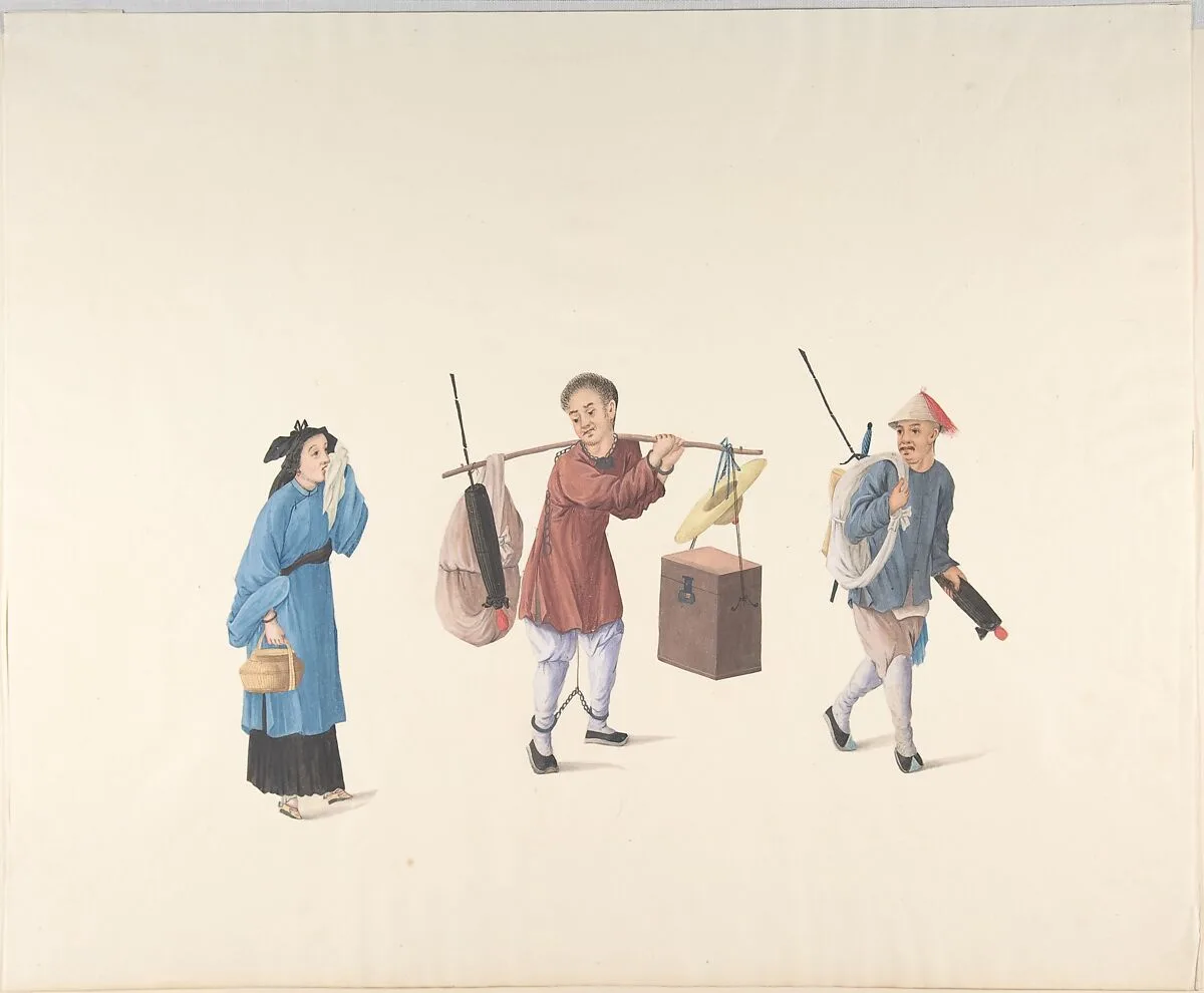 Chinese Woman, Man with Legs Chained and Another Carrying Parasol and Bundle — Anonymous, Chinese, 19th century