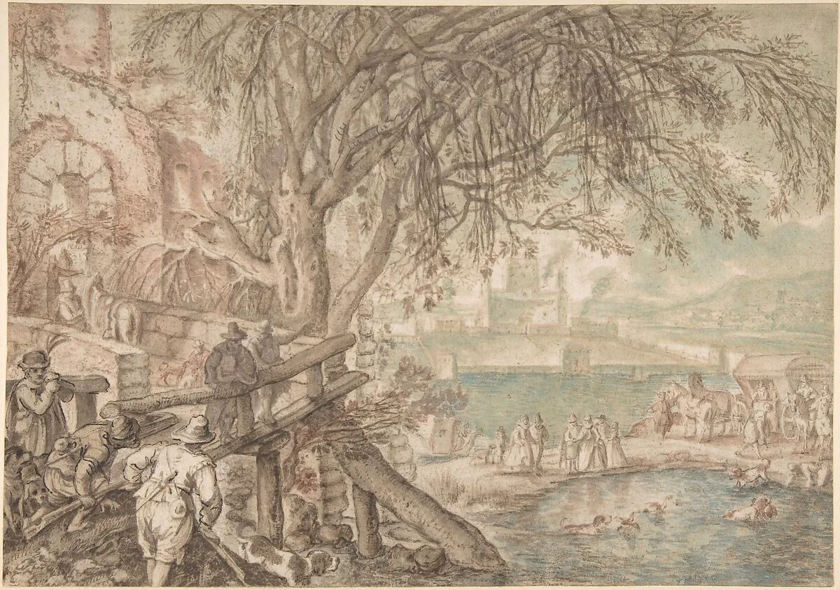 Huntsmen and Company Observing Dogs Retrieving Ducks in a Pond (The Month of April) — Pieter Stevens