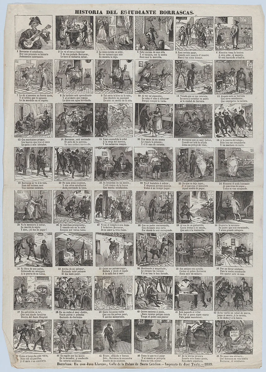Broadside with 48 scenes of the life of Borrascas the student — Juan Llorens|José Taulo