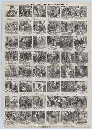 Broadside with 48 scenes of the life of Borrascas the student
